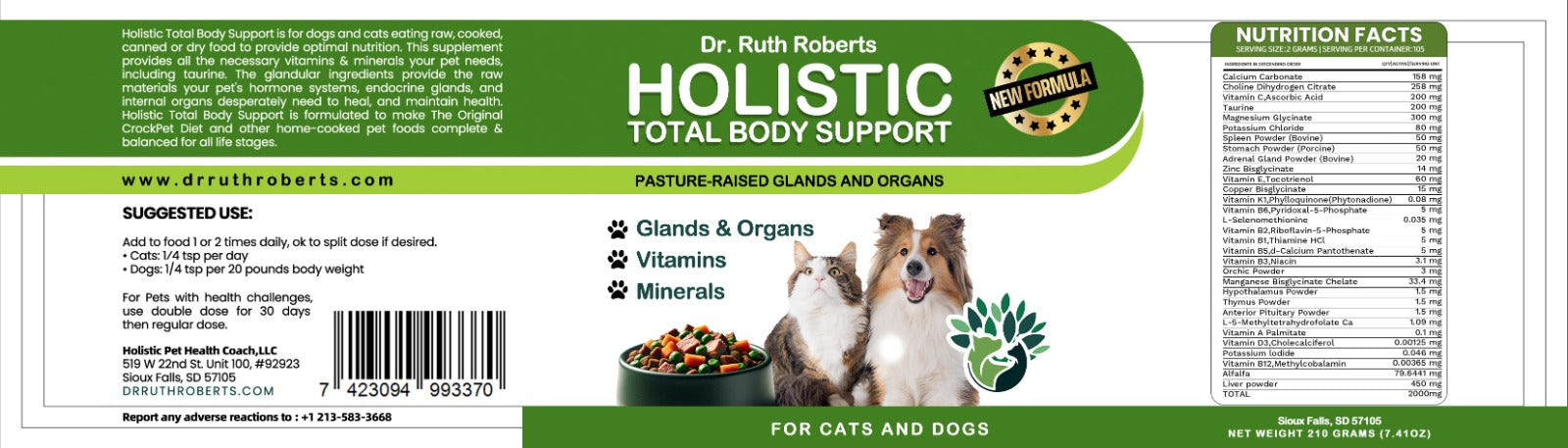 Holistic Total Body Support supplement facts label for cats and dogs
