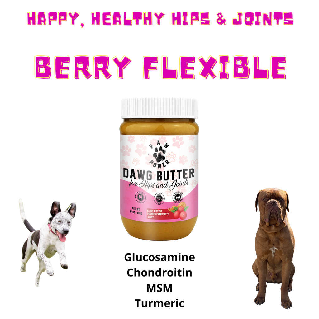 Dog supplement jar with white cap and pink label, 'Berry Flexible' text above
