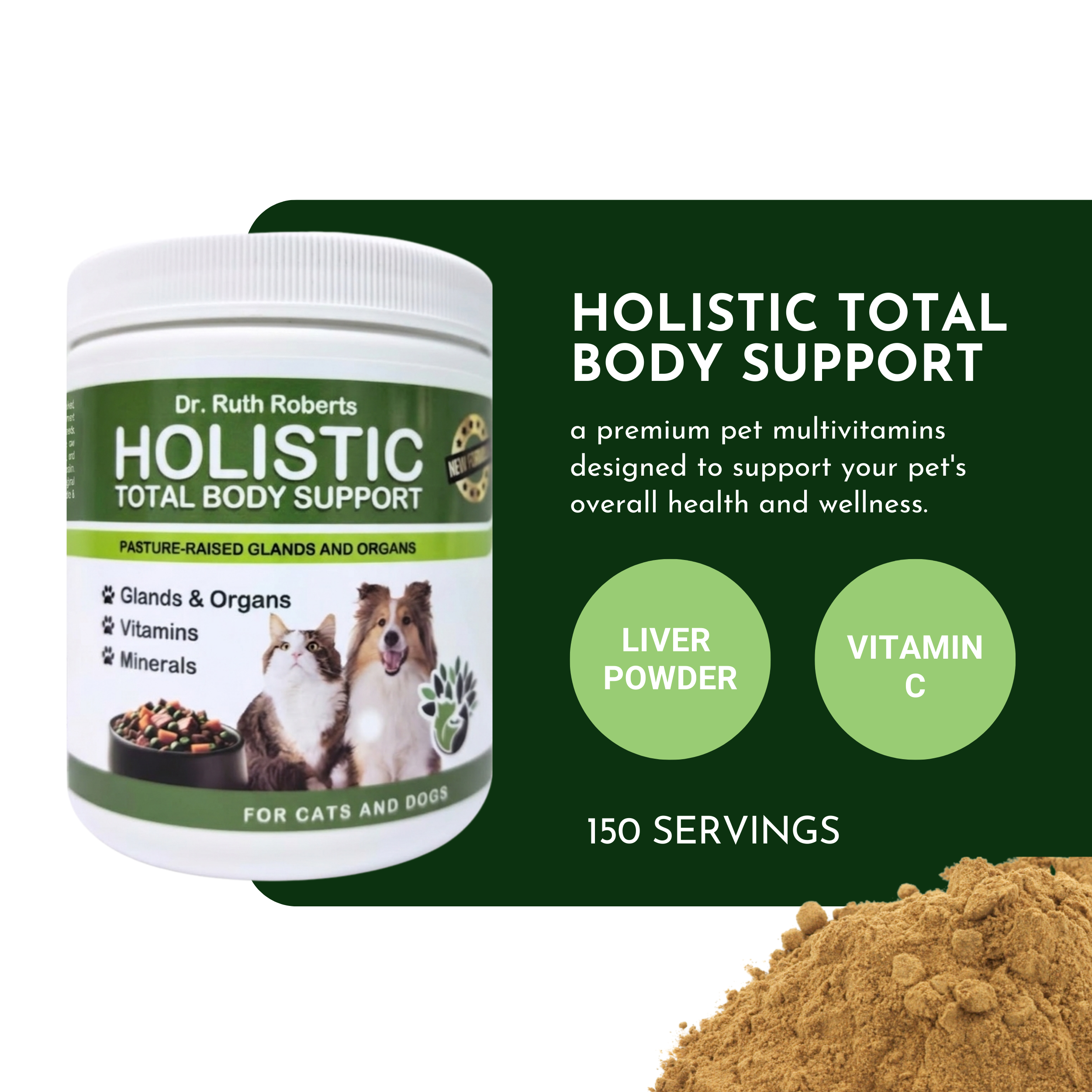 Pet multivitamin supplement jar with liver powder and vitamin C highlight circles