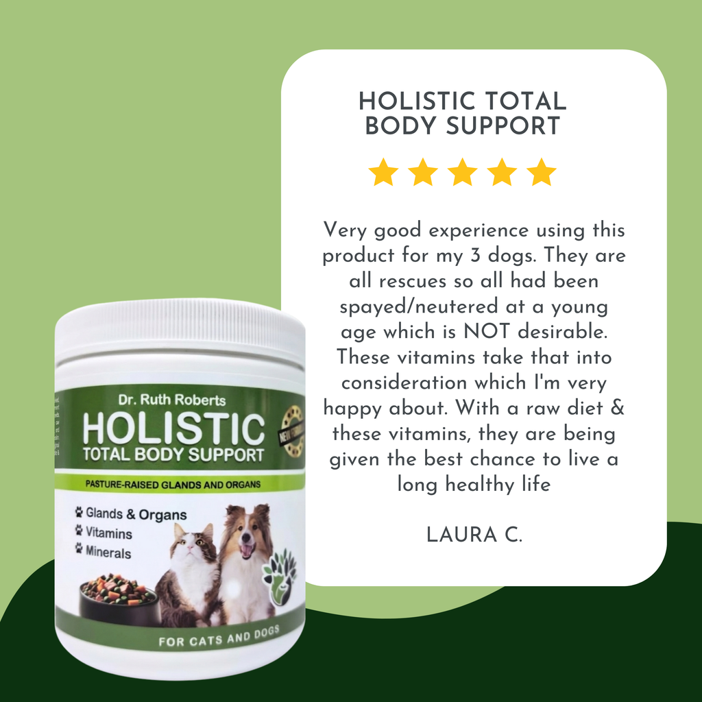 Holistic pet multivitamin jar with rating stars and customer review card