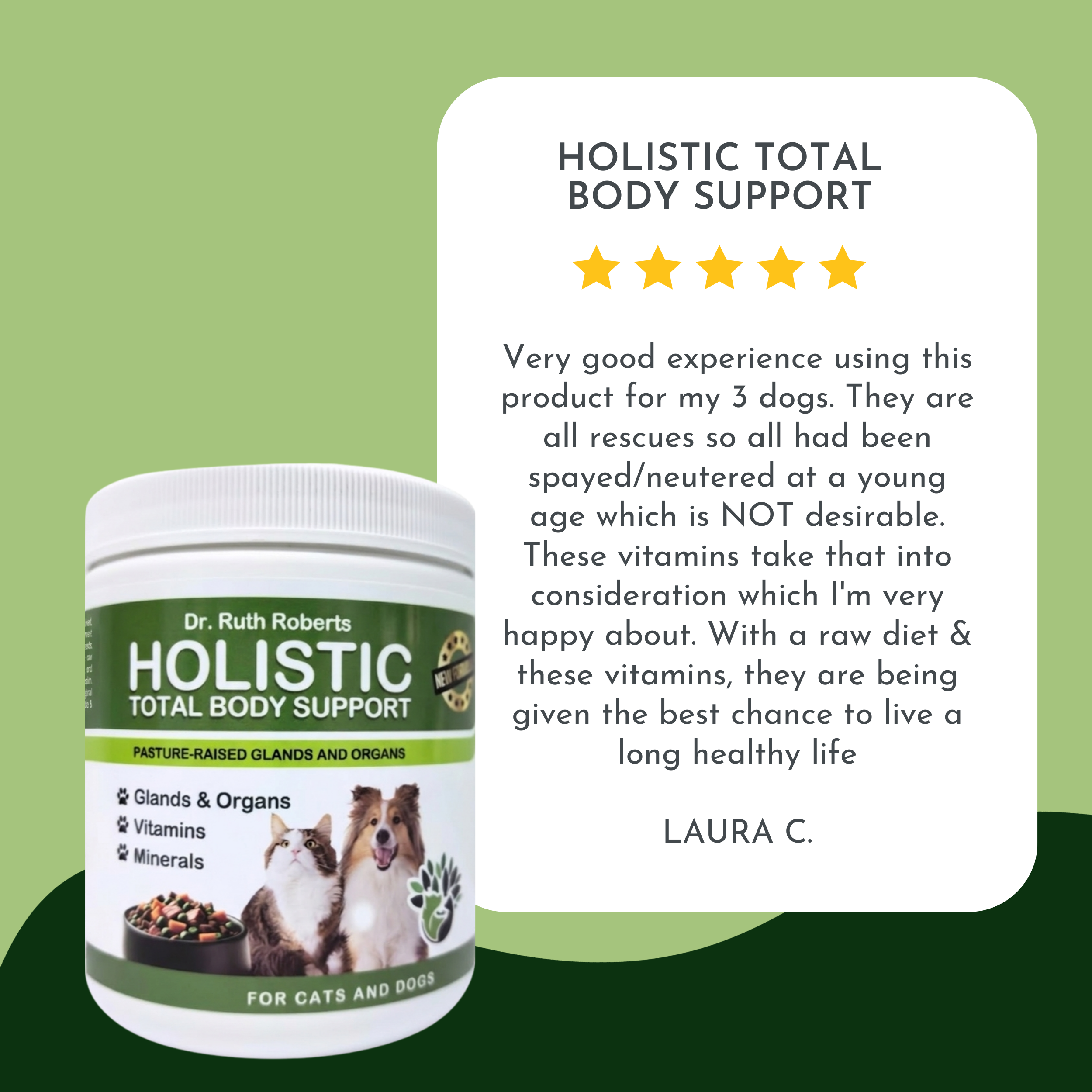 Holistic pet multivitamin jar with rating stars and customer review card