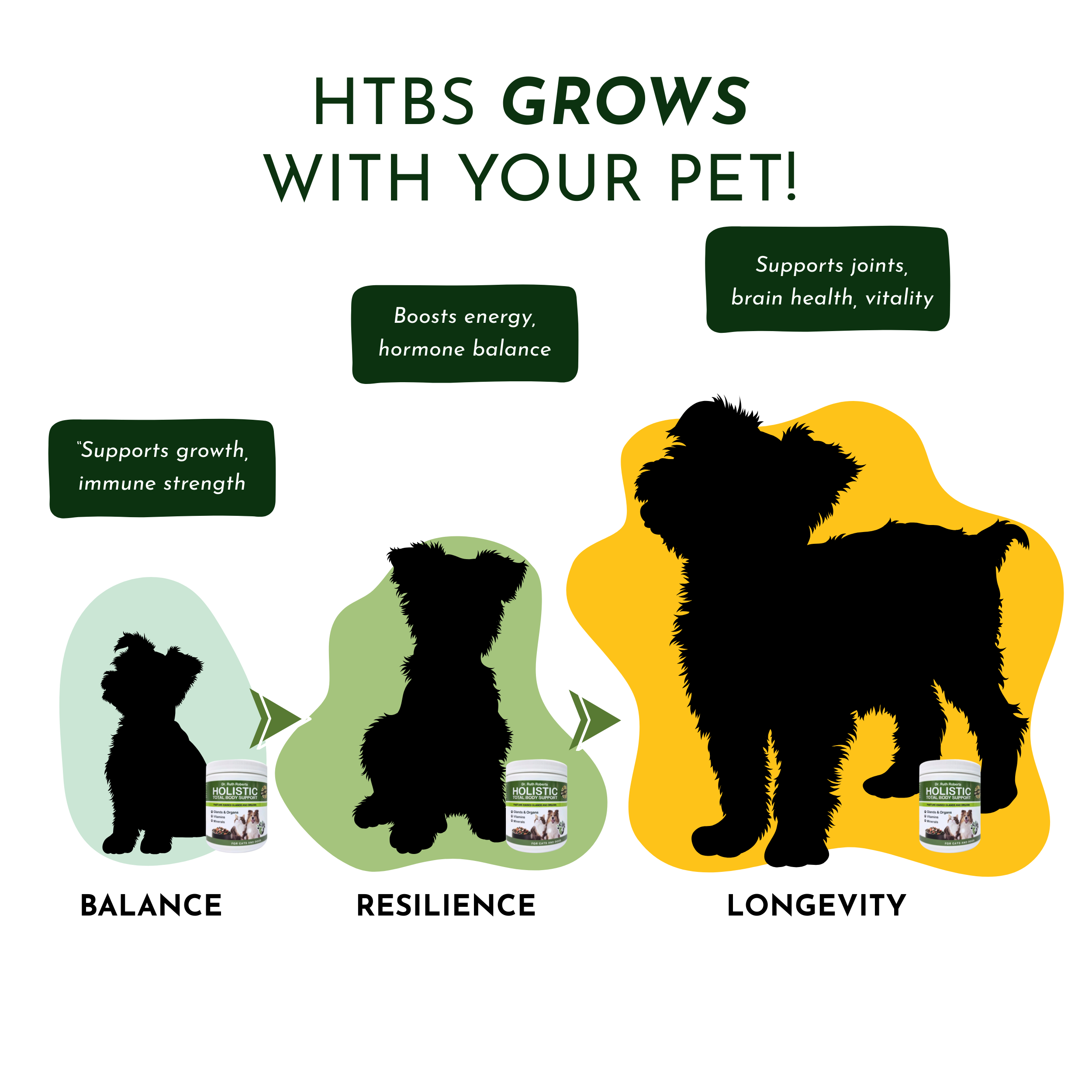 Pet supplement infographic showing “HTBs Grows With Your Pet” and three benefit icons