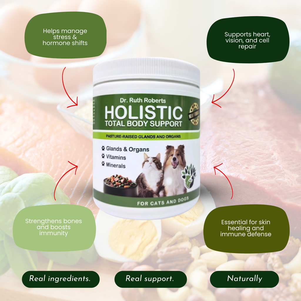 Pet multivitamin supplement jar surrounded by icons for stress support and essential nutrients