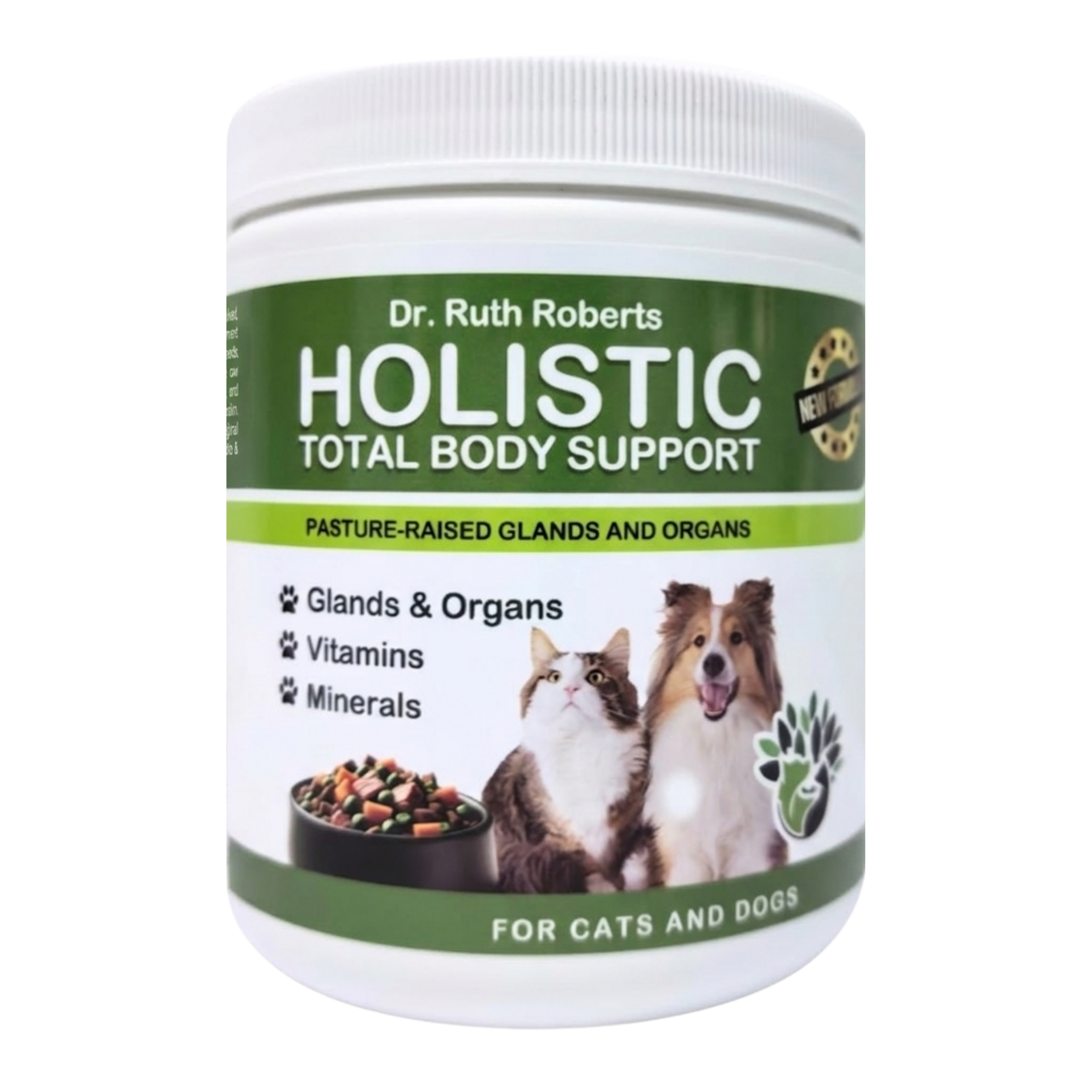 Pet multivitamin supplement jar with green label, cat and dog images, and paws icon