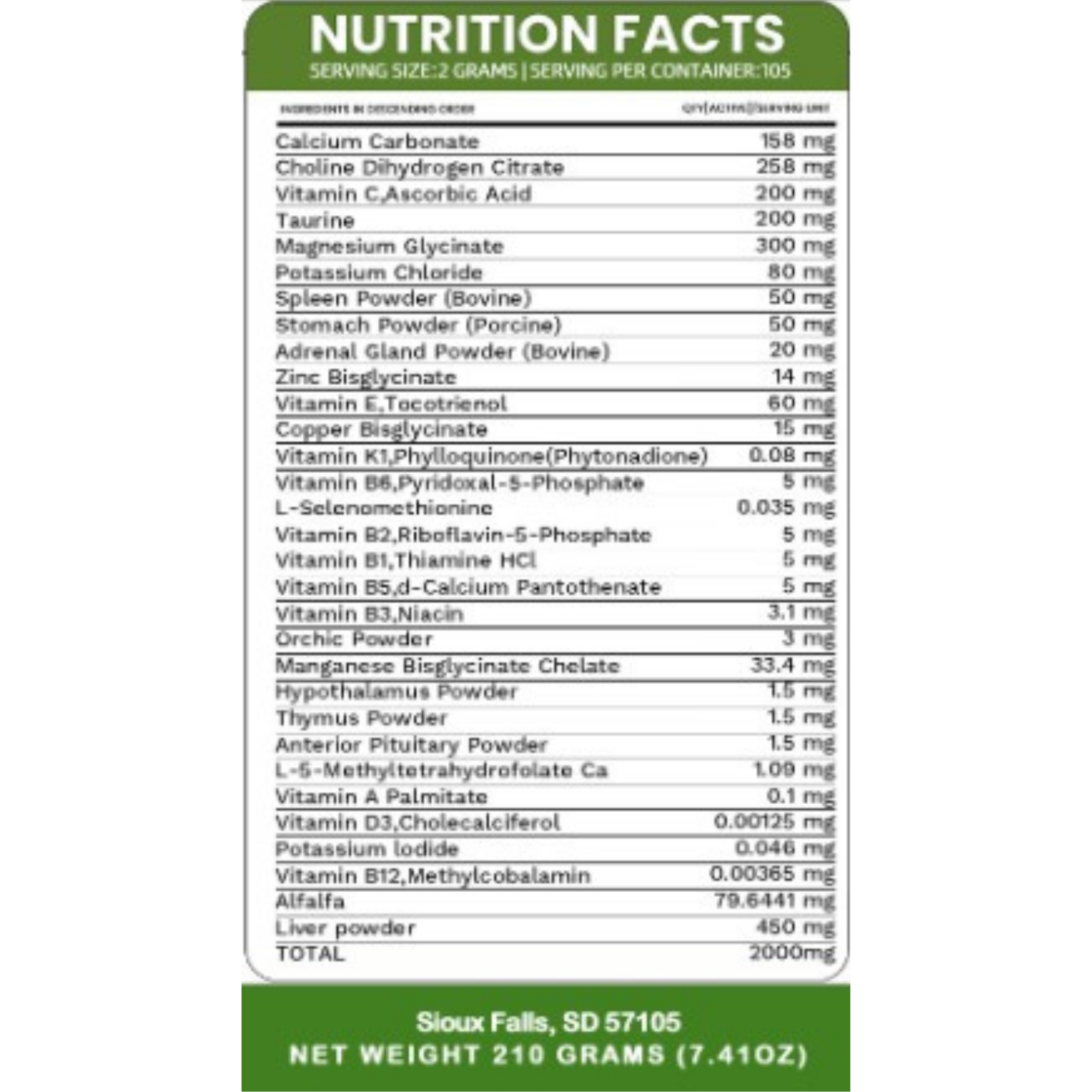 Nutrition facts label panel for pet multivitamin supplement jar with ingredient amounts