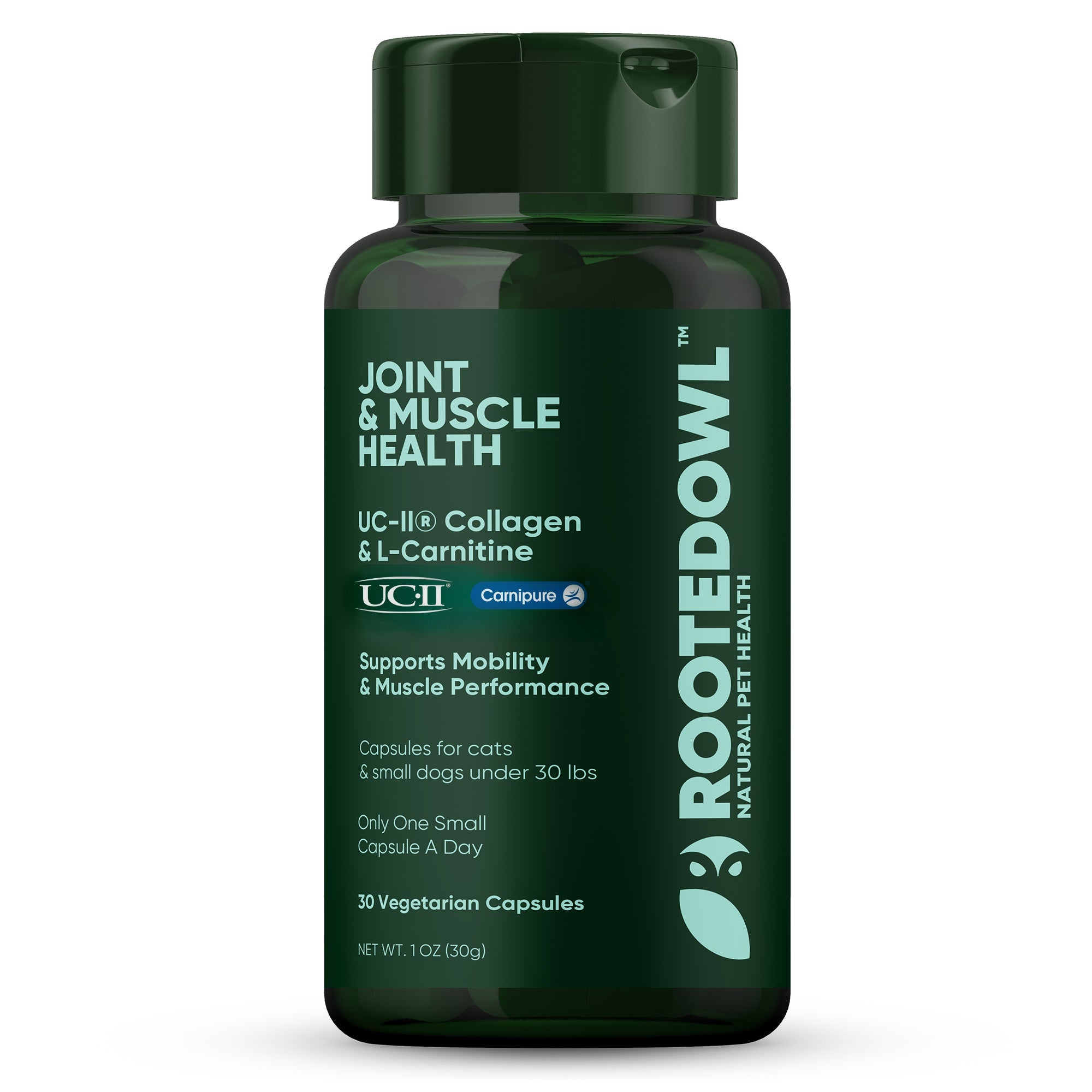 Green joint and muscle health supplement bottle with flip-top cap