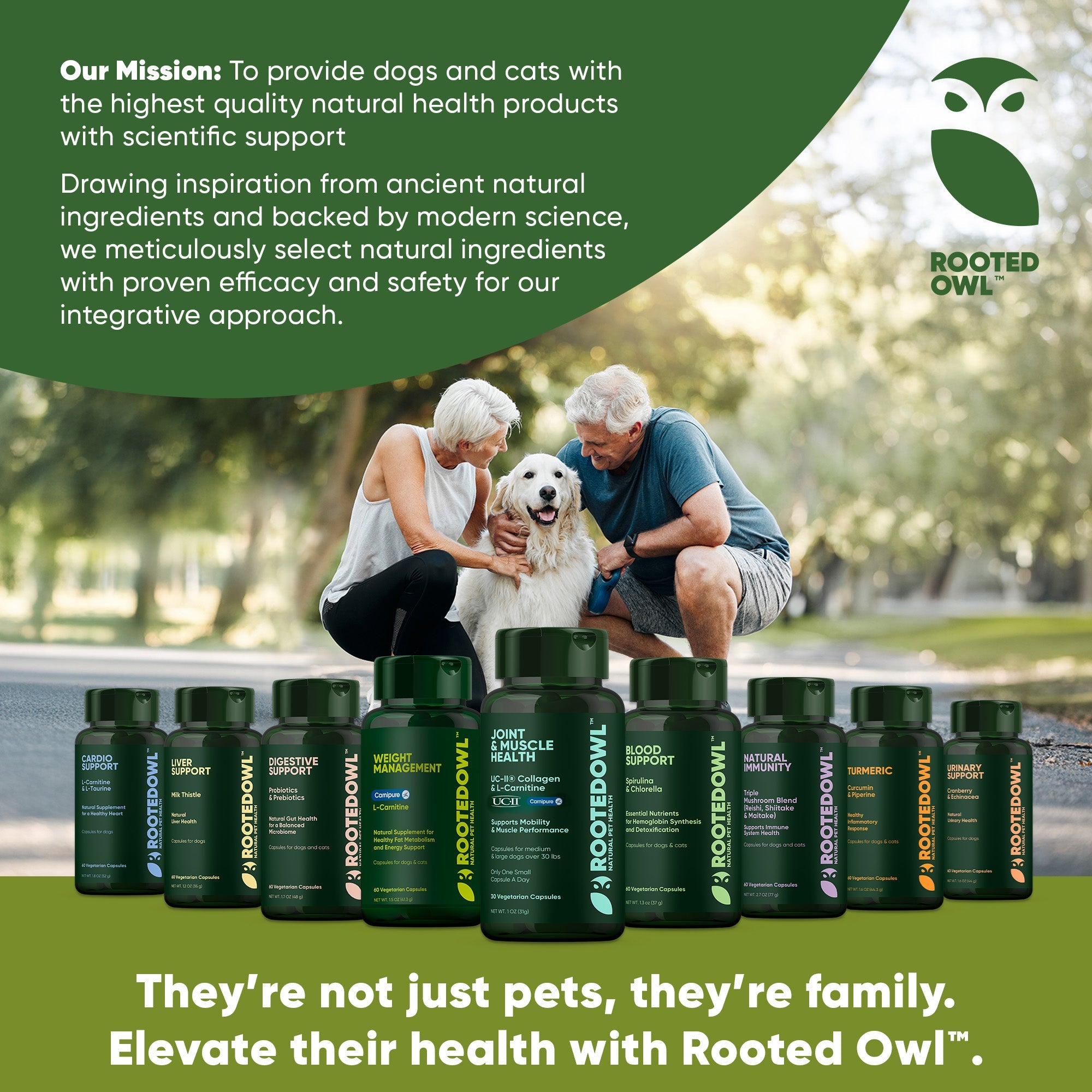 Set of Rooted Owl natural pet health supplement bottles, including Joint & Muscle Health