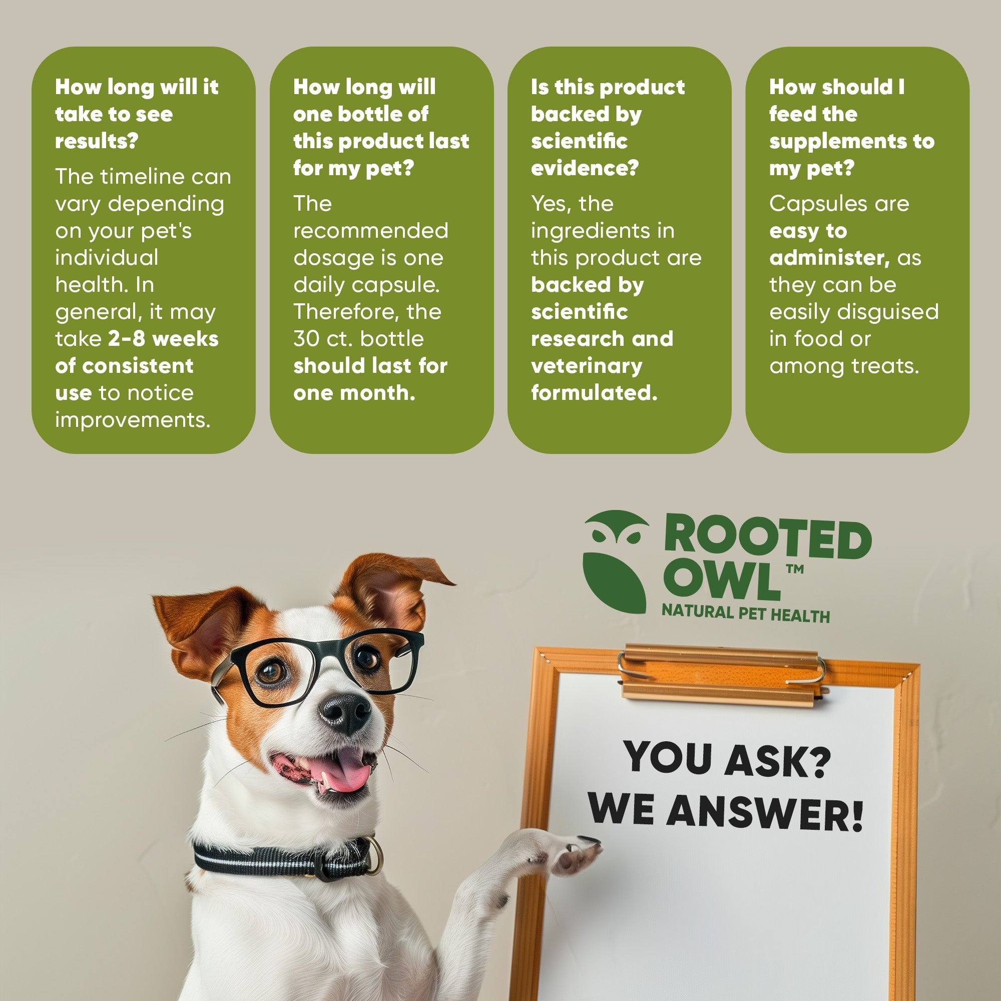 Customer support graphic: “You ask, we answer” for Rooted Owl supplements
