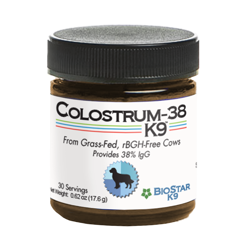 Colostrum supplement jar with dark ribbed lid and front label