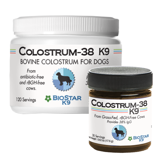 Colostrum-38 K9 bovine colostrum supplement jar with white ribbed lid