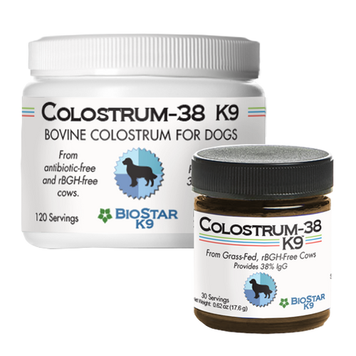 Colostrum-38 K9 bovine colostrum supplement jar with white ribbed lid