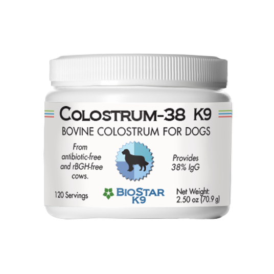 Bovine colostrum supplement jar with white ribbed lid and BioStar K9 label