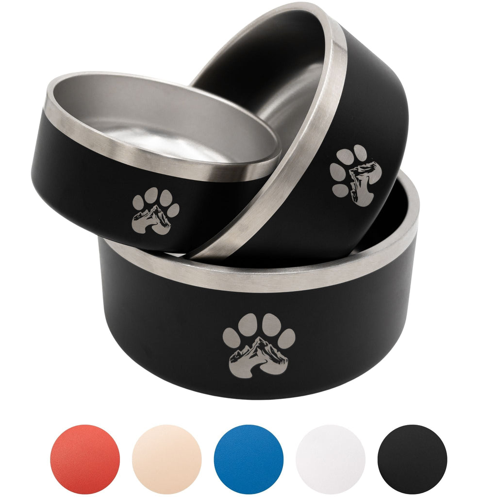 Black stainless steel feeder bowl set with paw print logos
