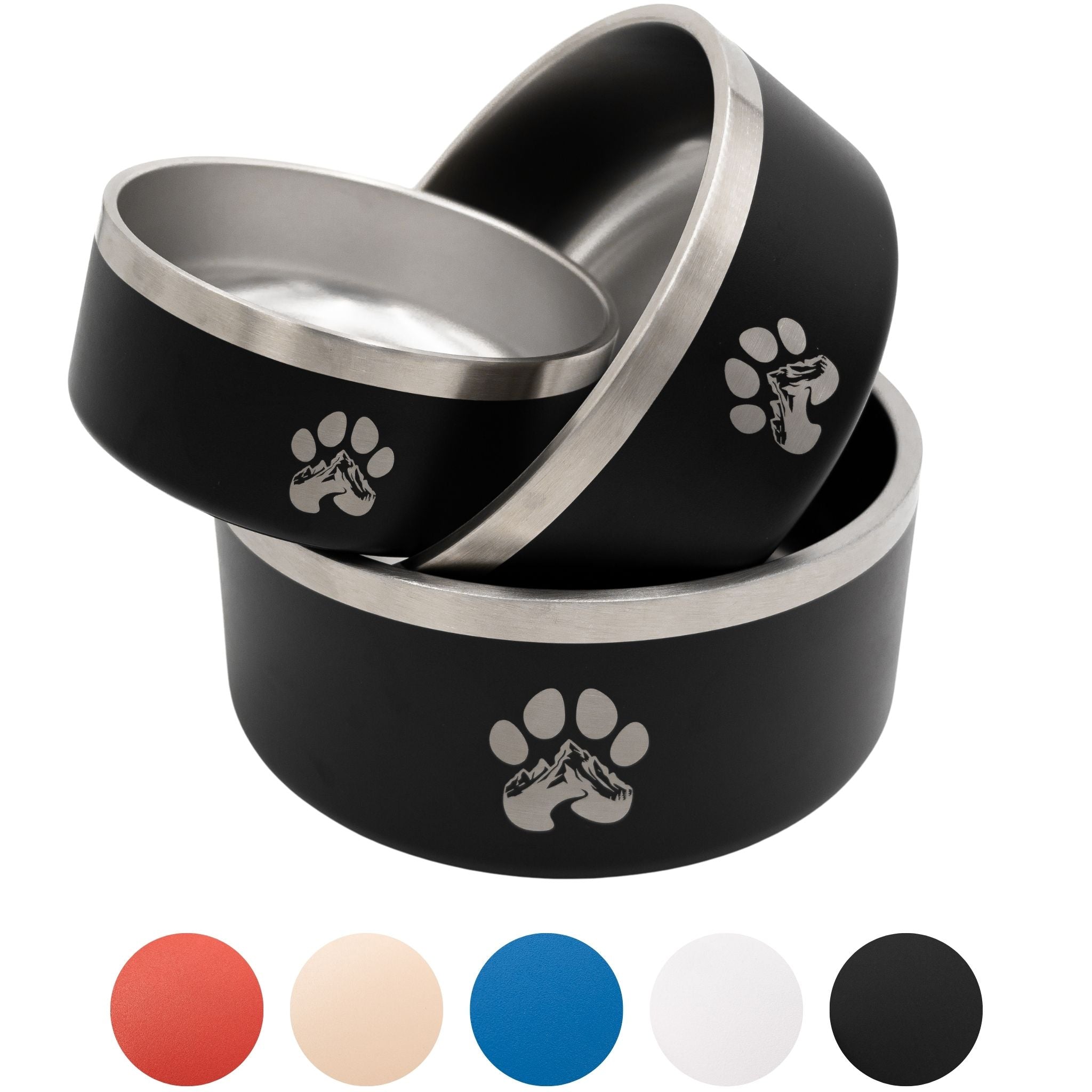 Black stainless steel feeder bowl set with paw print logos