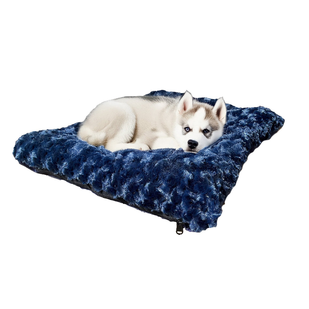 Rectangle bolstered dog bed in dark blue shaggy faux fur with raised sides