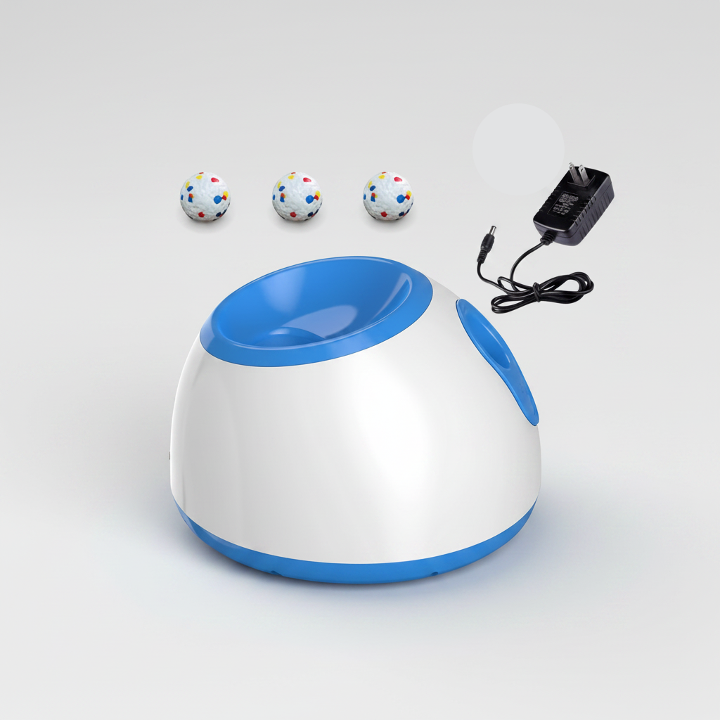 Automatic dog ball launcher with blue top bowl, white body, and included power adapter