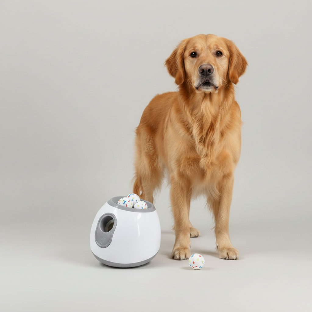 Automatic dog ball launcher, white body with gray opening, with dog and three balls