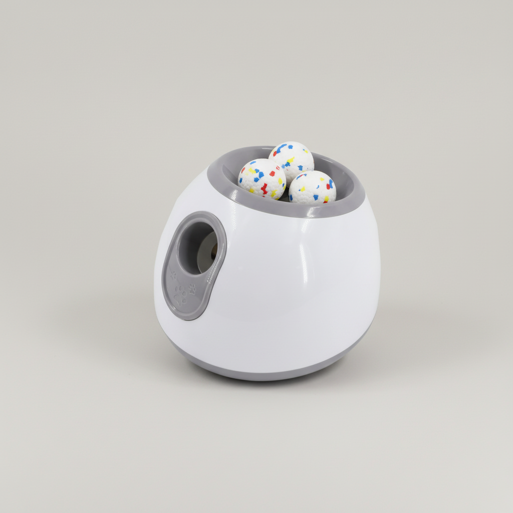 Automatic dog ball launcher with gray side opening, white body, and three ball toys on top