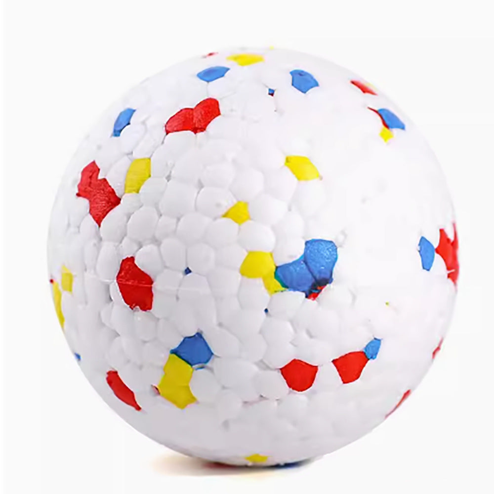 Colorful plush dog ball with white base and red, blue, yellow pattern