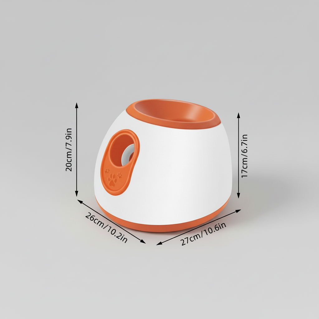 Automatic dog ball launcher, white body with orange top and side handle, size diagram view