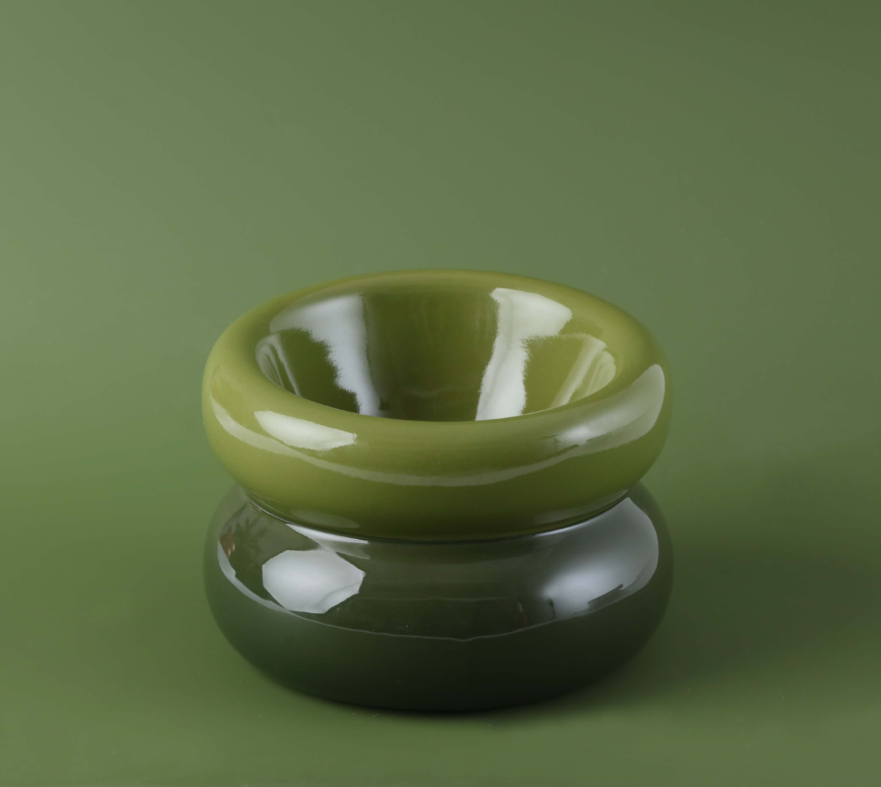 Glossy avocado green soufflé-style pet bowl with raised two-tier base