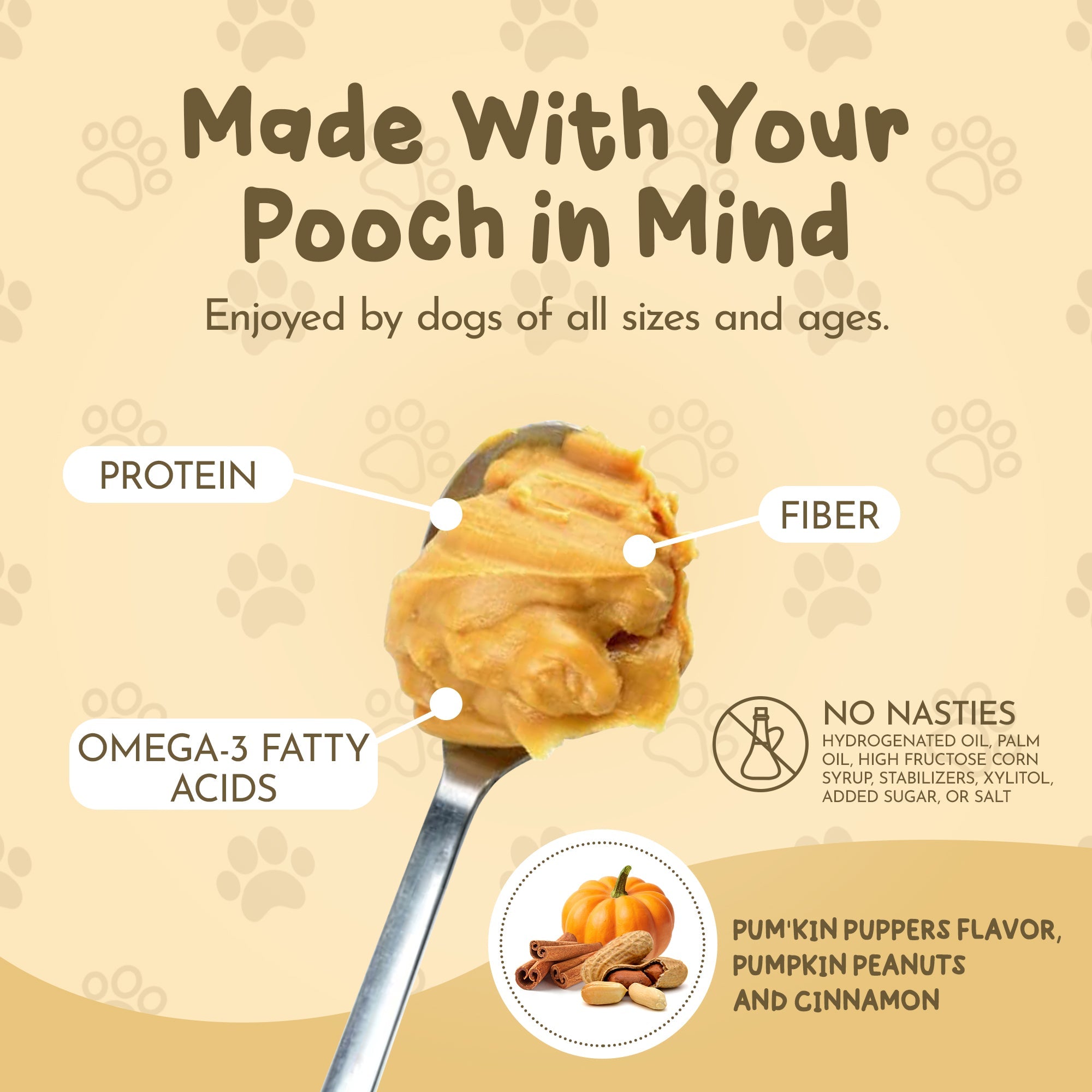 Dawg Butter for Dogs peanut butter scoop illustration with label callouts