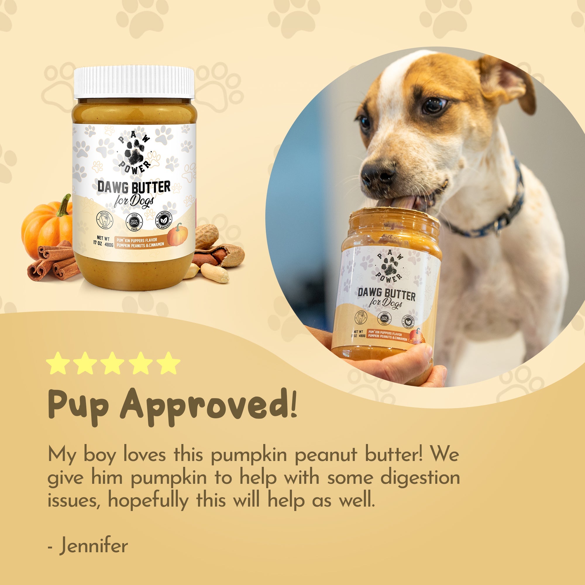 Dawg Butter for Dogs jar with pumpkin beside a dog holding a treat jar