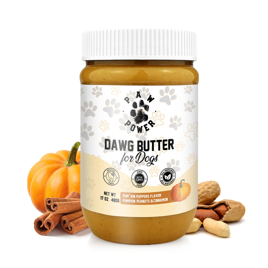 Pumpkin-flavored Dawg Butter for Dogs jar with paw-print graphics and tan spread