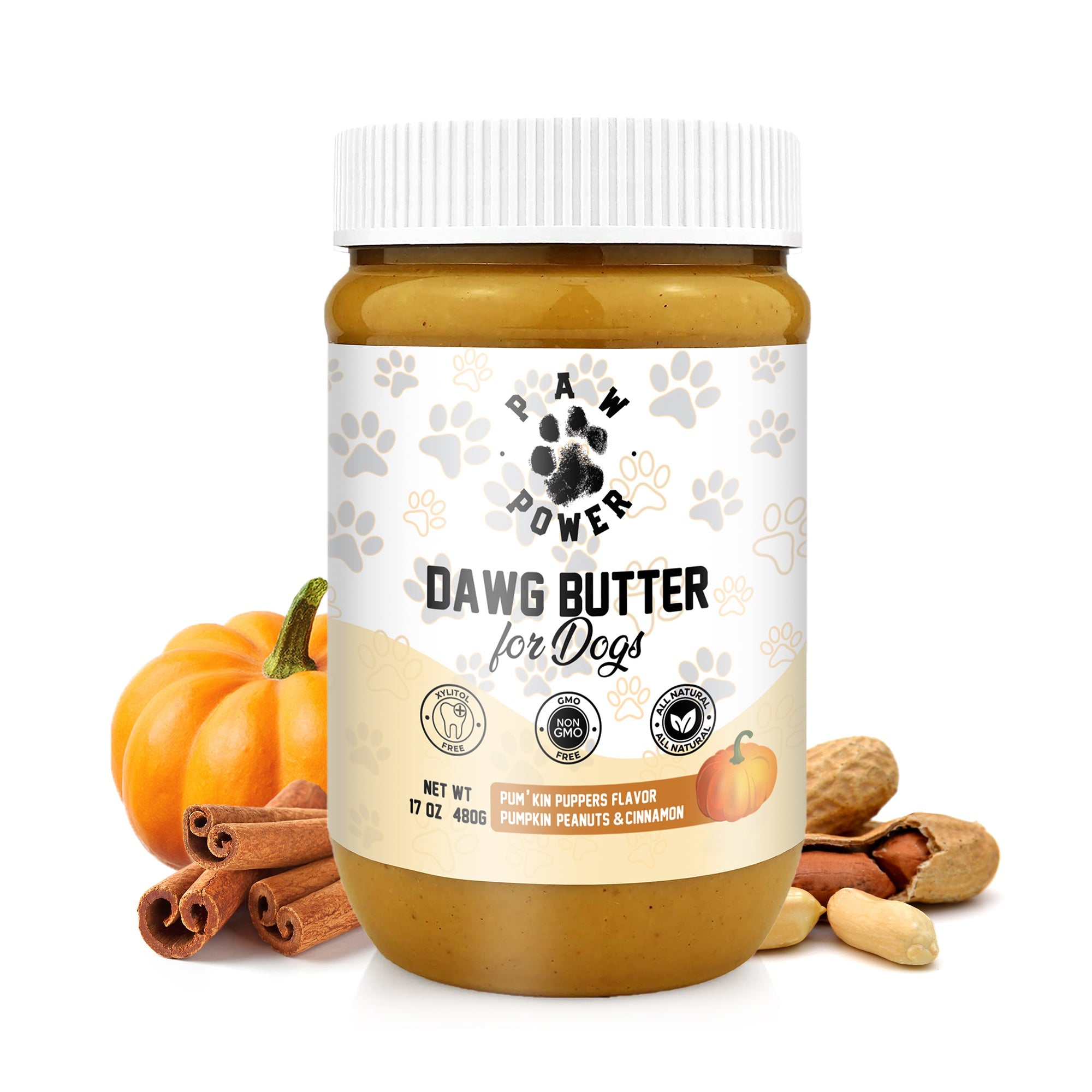 Pumpkin-flavored Dawg Butter for Dogs jar with paw-print graphics and tan spread