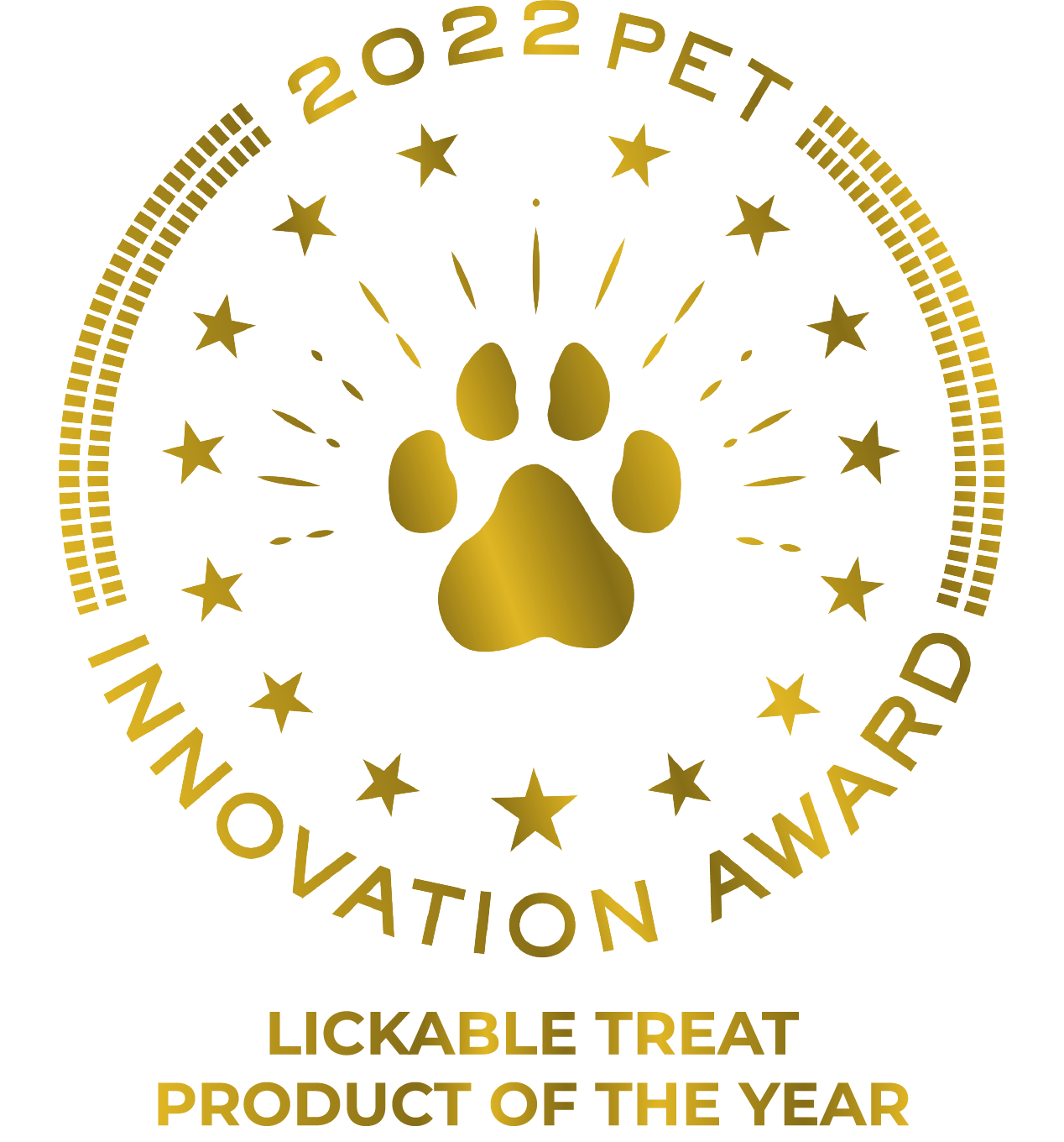 Dog treat jar with white cap and pink label, shown with gold paw award seal