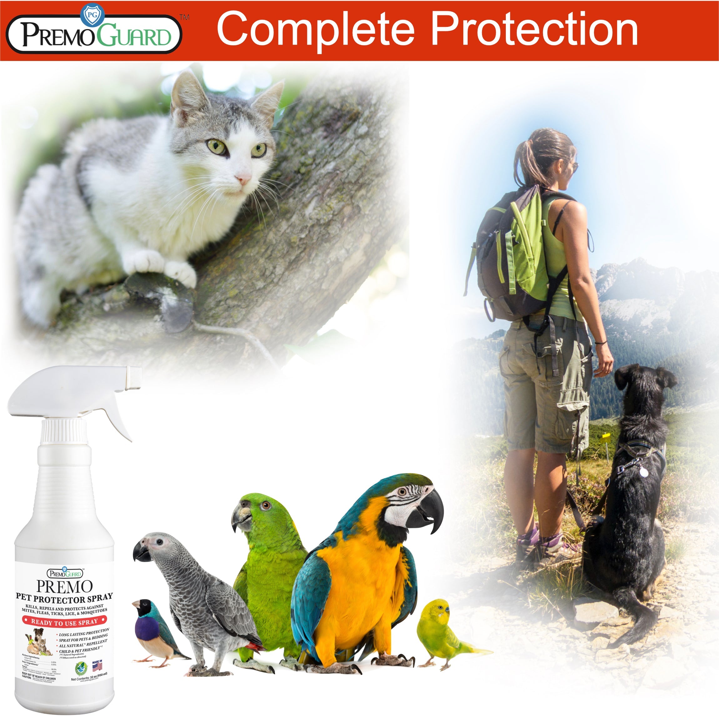 Pet protector spray bottle with white trigger sprayer and front label