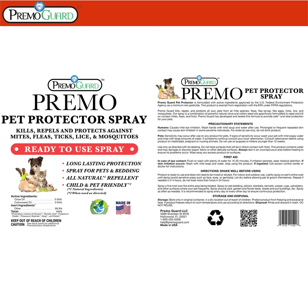 Pet protector spray bottle back label with ingredients, directions, and storage info