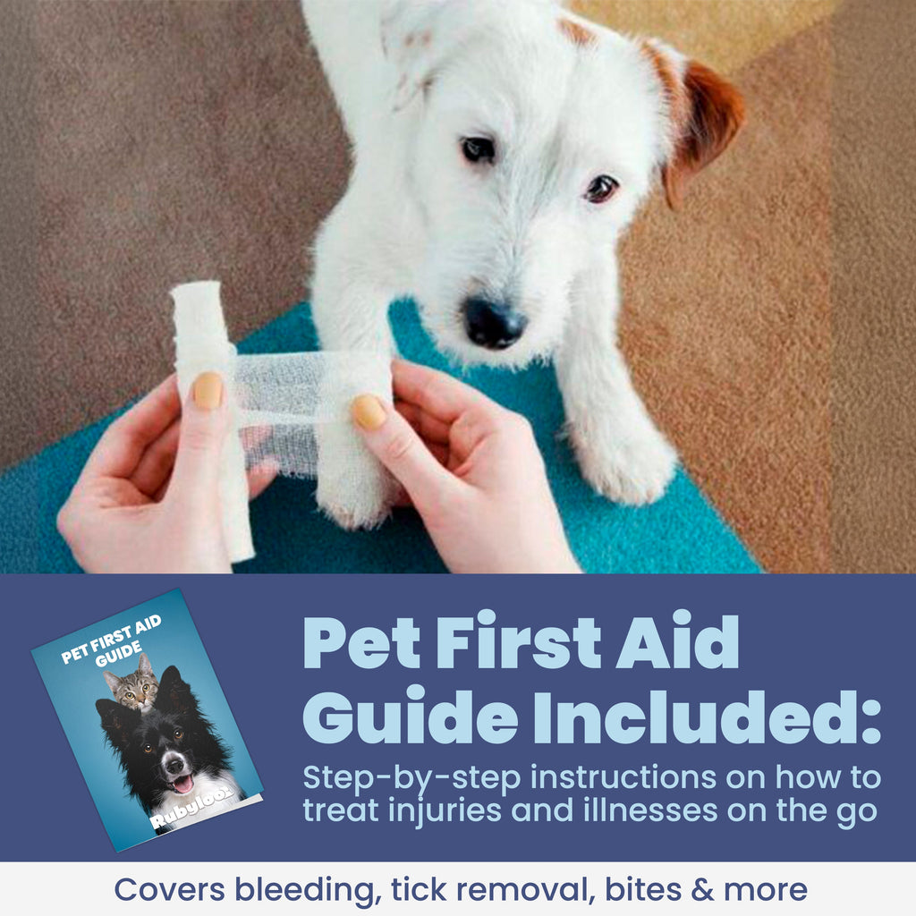 Red pet first aid kit guide and card layout beside a small white puppy and wound-care cloth