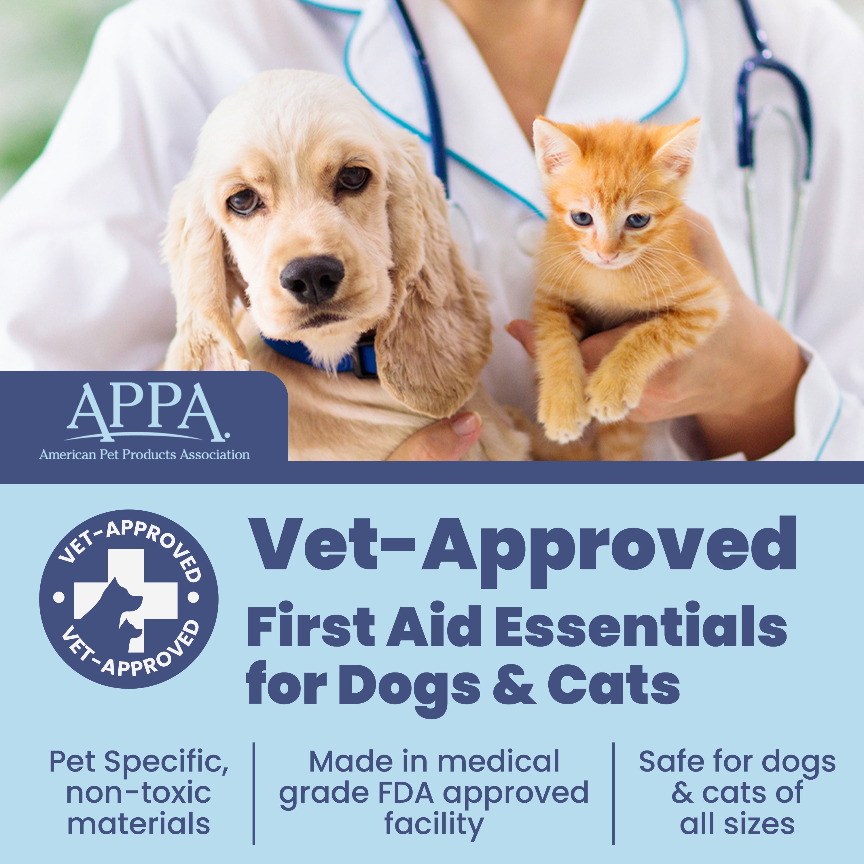 Vet-approved first aid essentials for dogs and cats with a dog and orange kitten