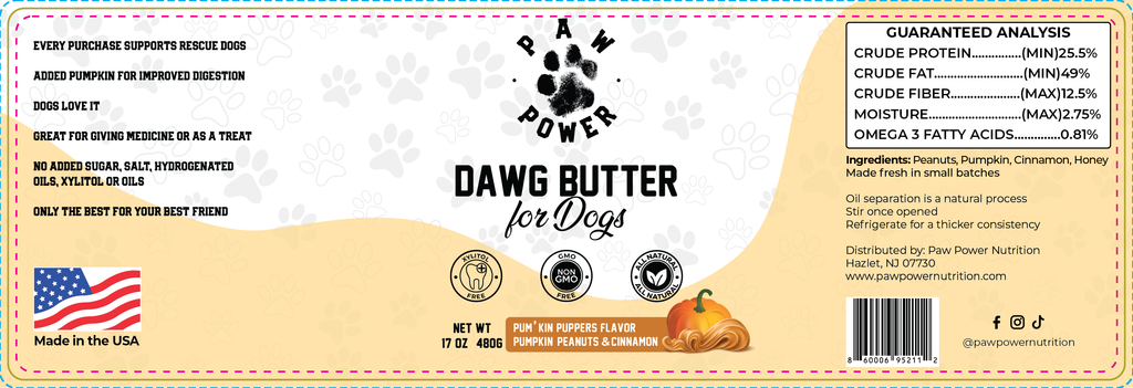 Dawg Butter for Dogs jar product label wrap with paw logo and nutrition panel