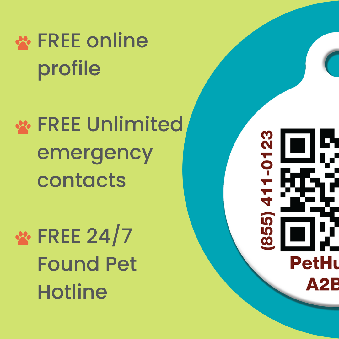 Pet ID QR tag feature badge with free online profile, unlimited emergency contacts