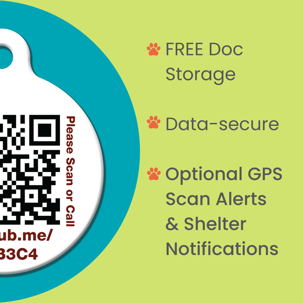 Pet ID QR tag feature badge with free doc storage, data-secure, optional GPS scan alerts