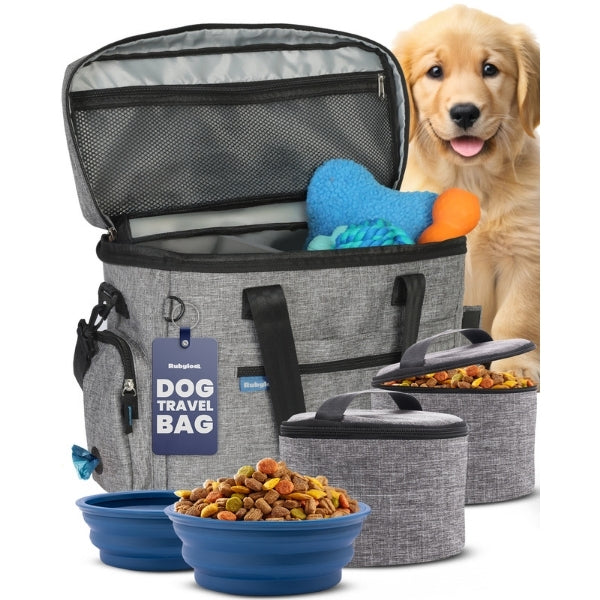 Heather gray dog travel bag with open mesh top and food bowls for travel