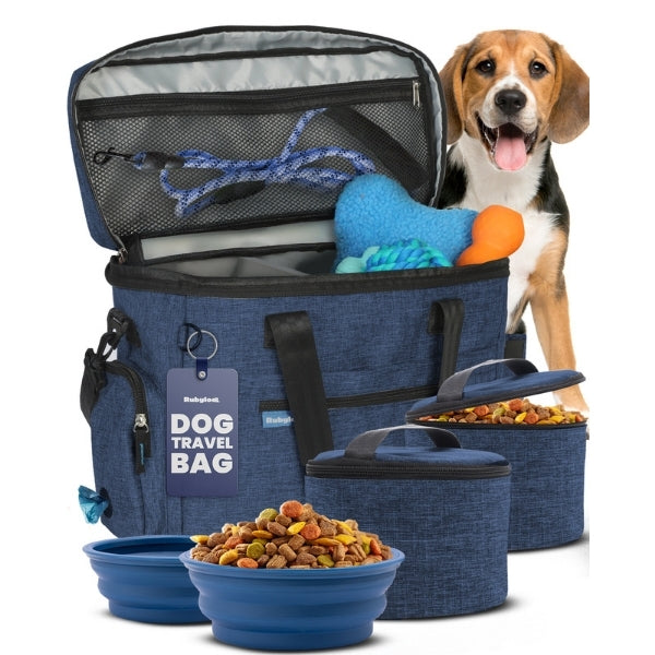 Dog travel bag with zip top and mesh compartment, navy blue with side handles.
