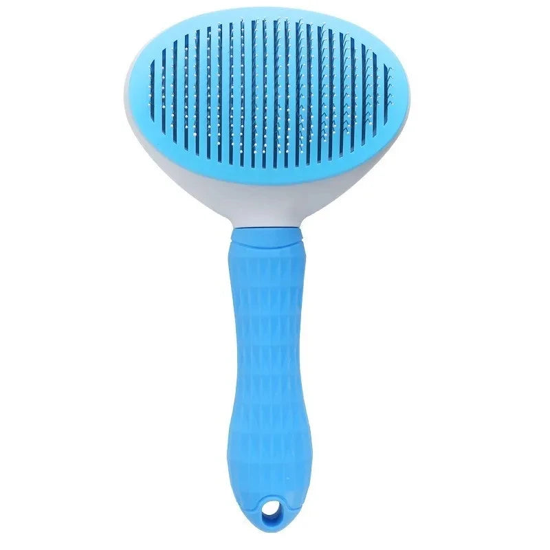 Blue self-cleaning pet grooming brush with round pin comb and textured grip handle