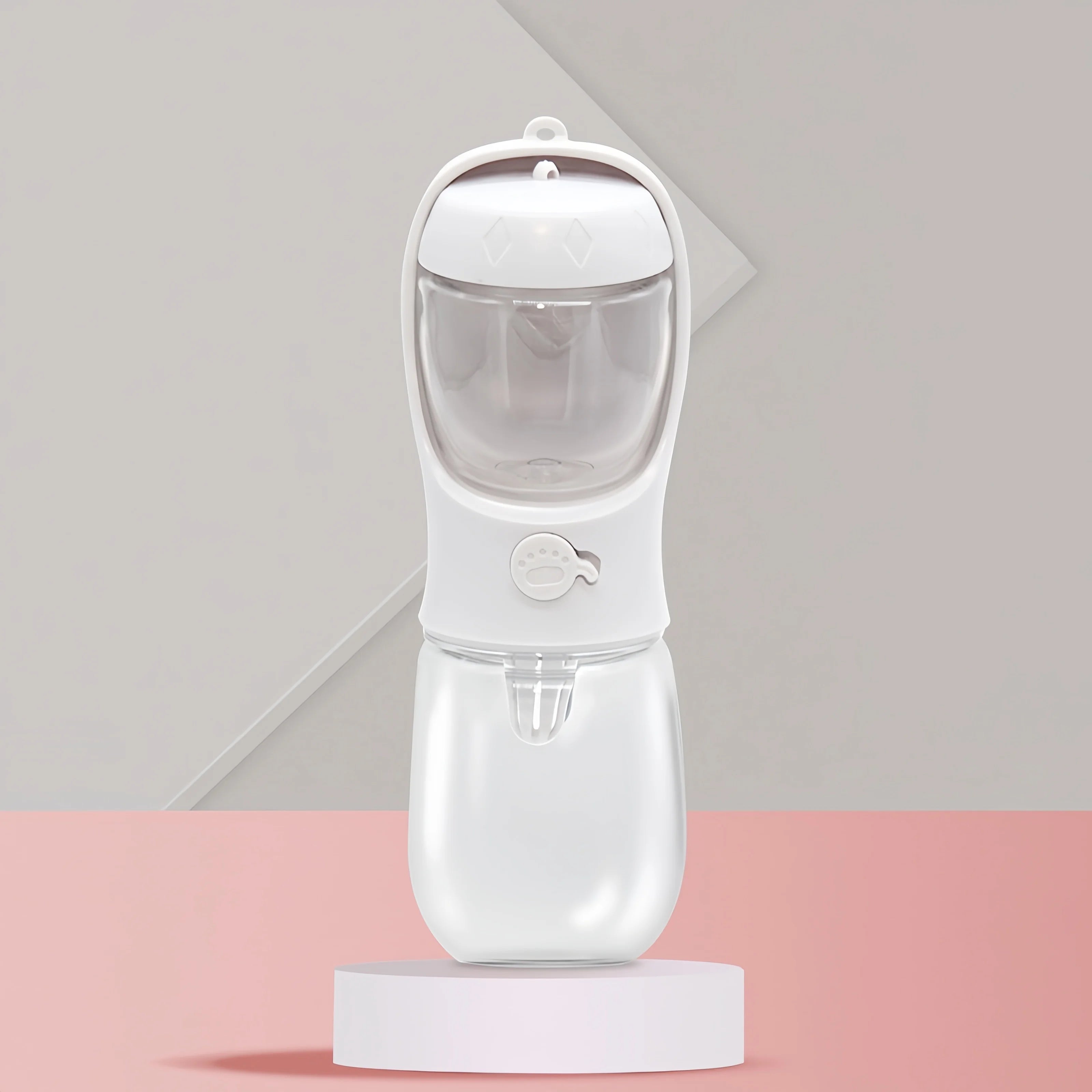 Portable pet water and food bottle in white with clear base and bone-shaped front button