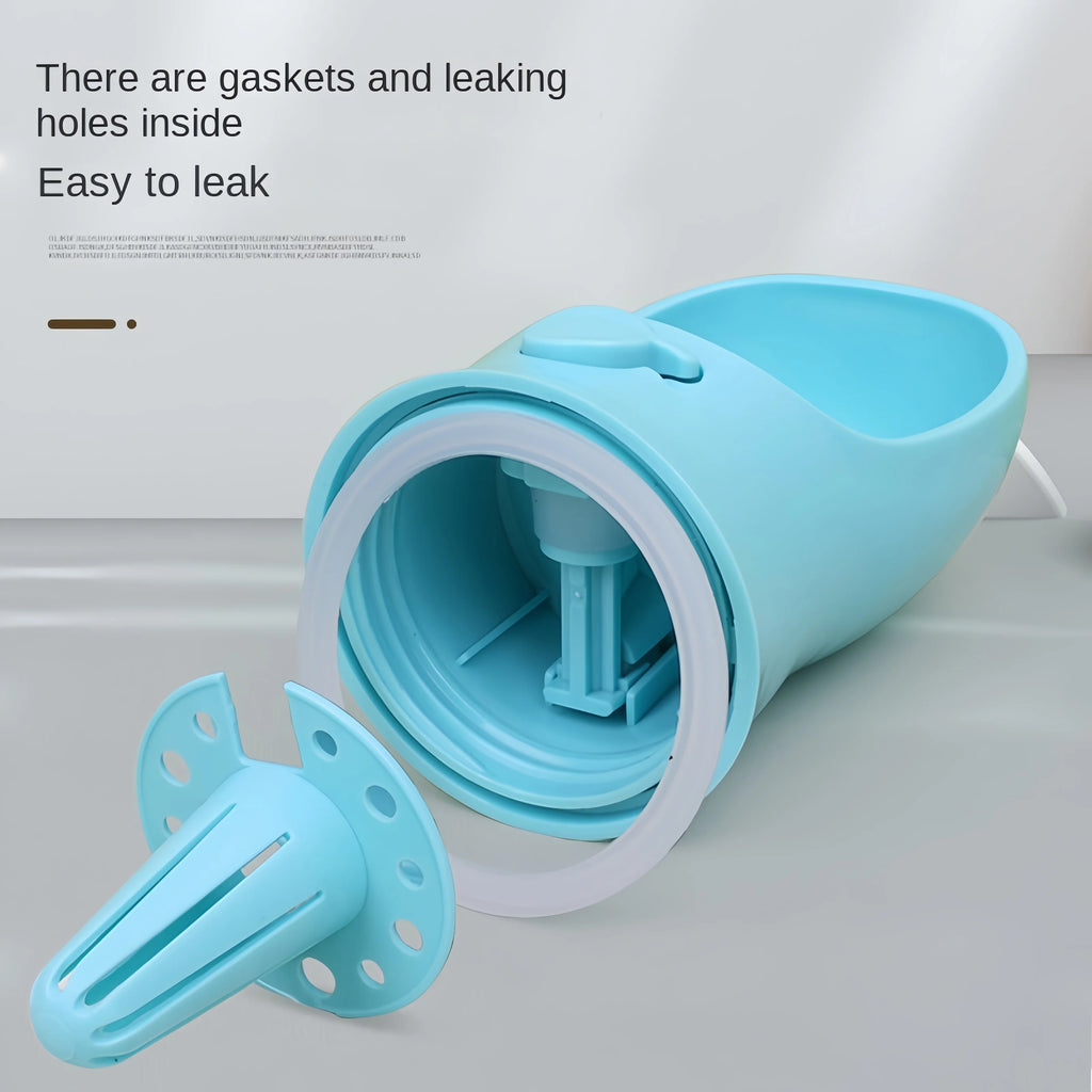 Portable pet water and food bottle, blue lid open with visible inner divider and spout
