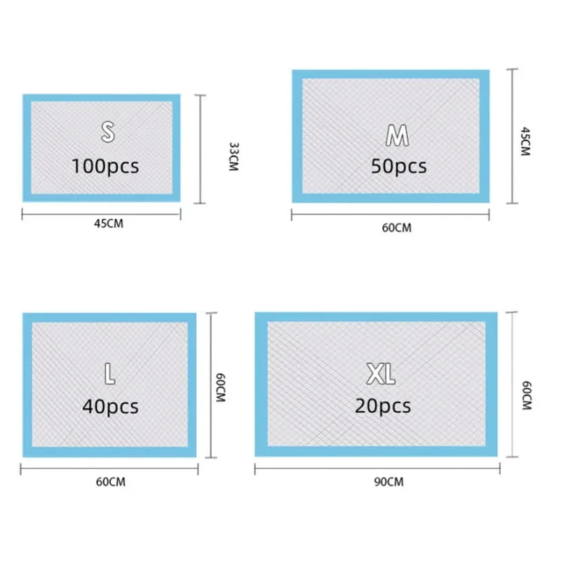 Light blue pet urine pads showing S, M, L, XL size labels and quantities