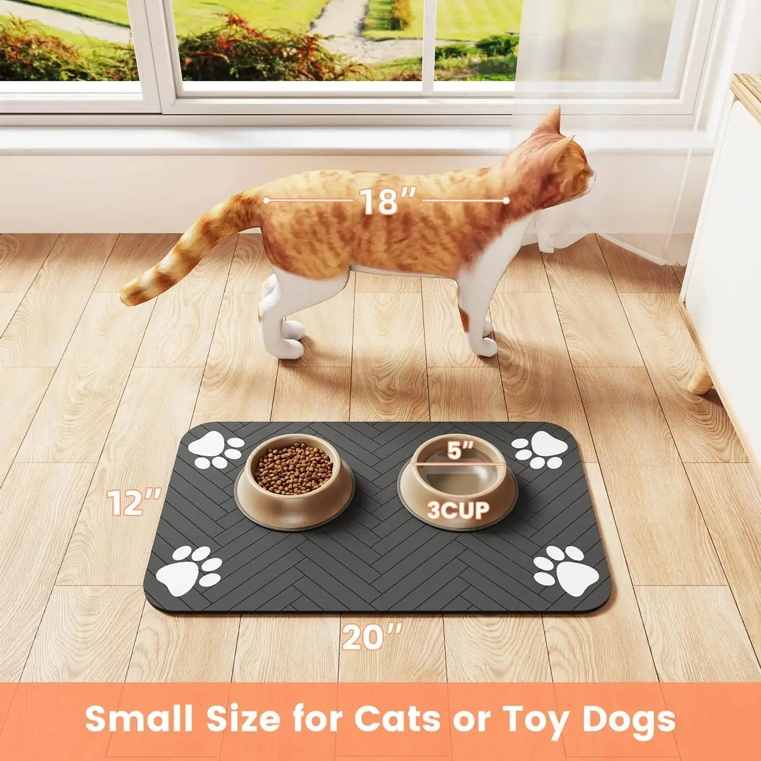 Rectangular pet feeding mat with white paw prints and two bowls, with cat nearby