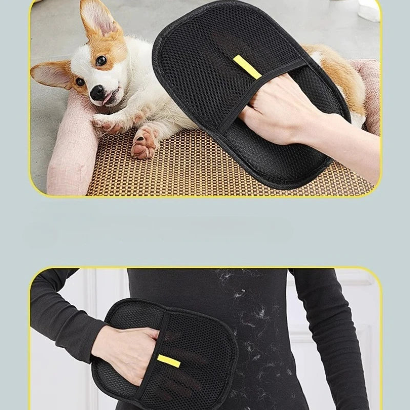 Pet hair remover glove with black mesh pad and yellow tab, hand brushing pet
