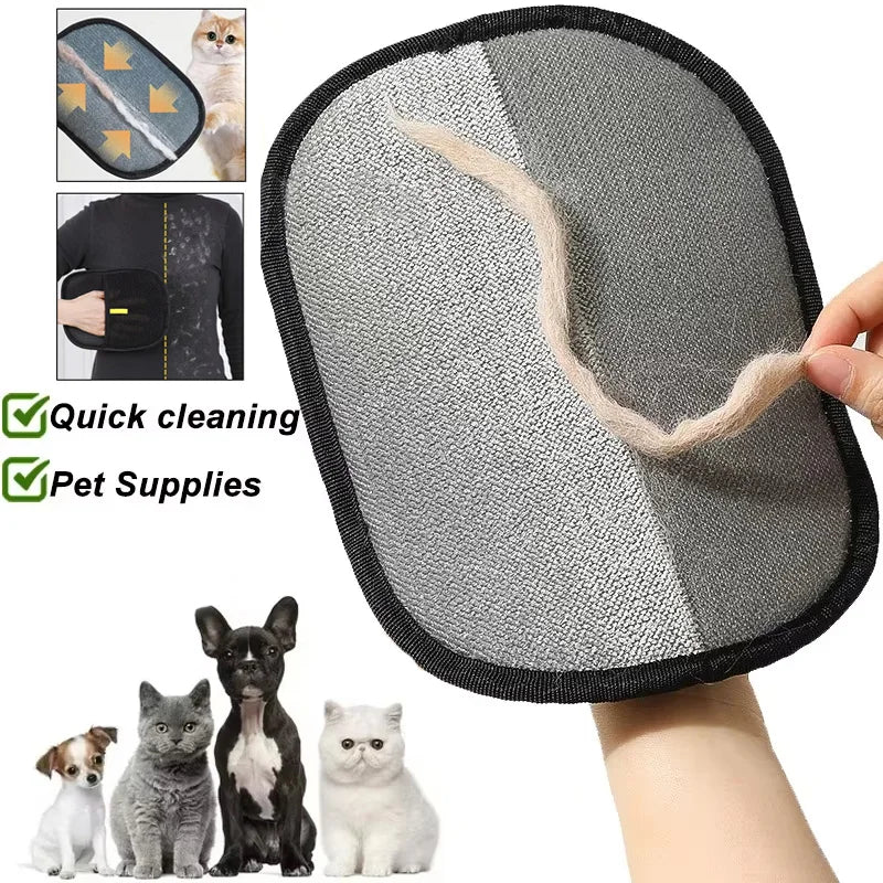 Pet hair remover glove with gray fabric pad, black border, lifting pet fur