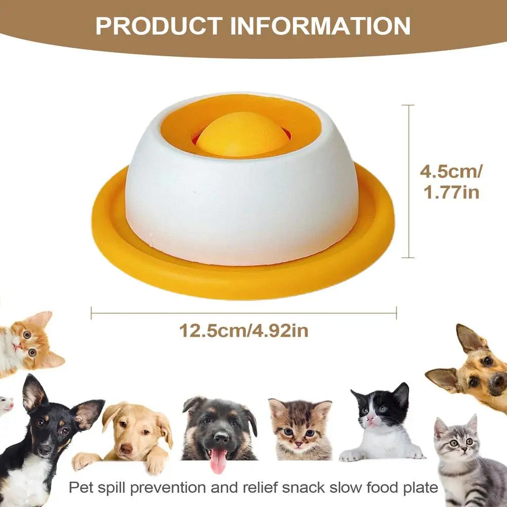 Slow feeder dog bowl size view, yellow base with white dome and yellow center insert