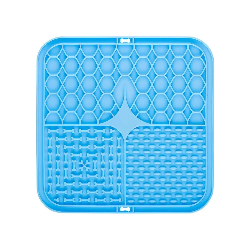 Blue silicone lick mat with bone-shaped divider, raised grid and dot channels