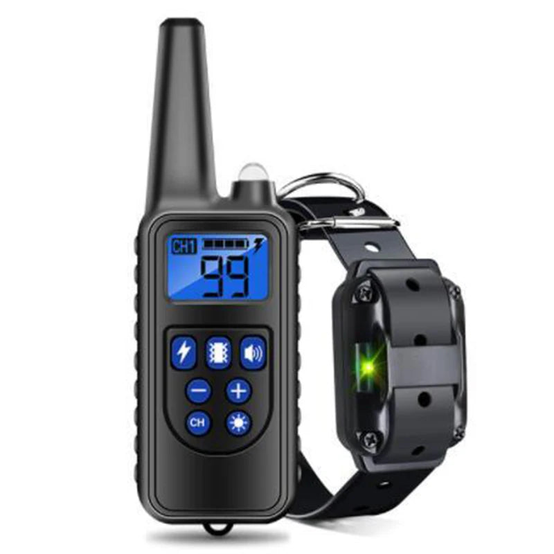 Dog training collar remote and black shock collars, blue screen, buttons