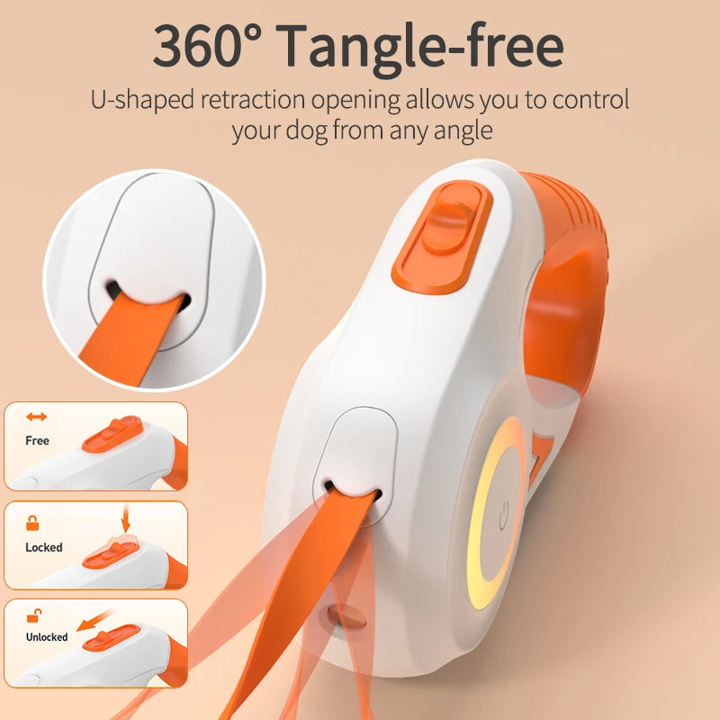Retractable dog leash with U-shaped retract area and glowing yellow LED light ring